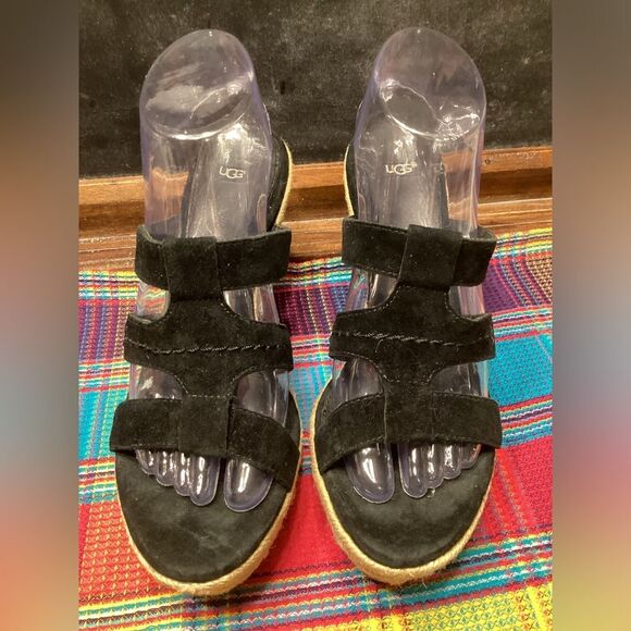 Ugg Black High Heeled Slip on Leather Sandals Braided Jute Covered Heels Sz 9 - Picture 2 of 16